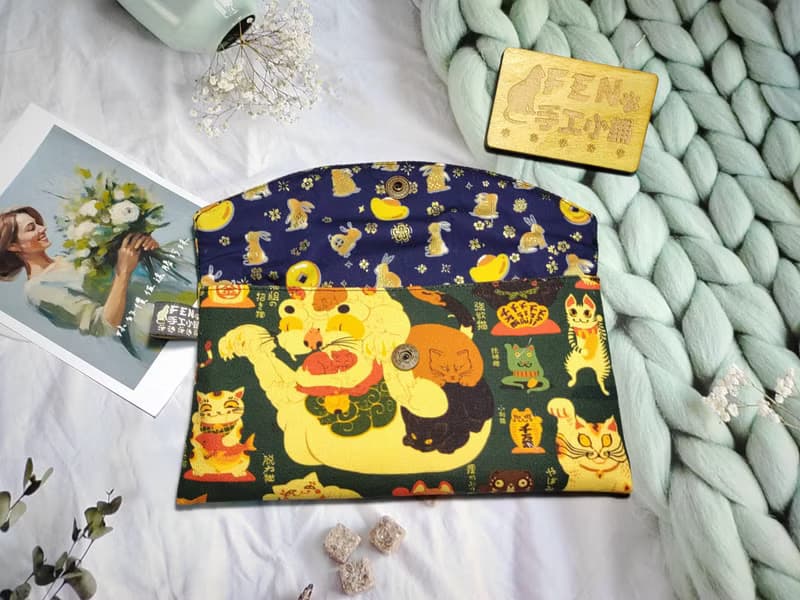 日本限量牛津布款妖怪招財貓單層款布紅包袋-手作布紅包袋-萬用包