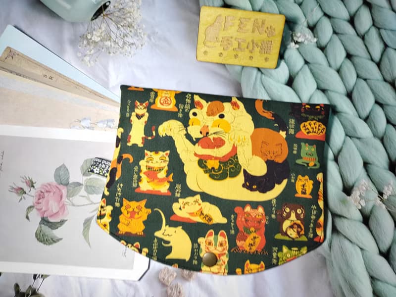 日本限量牛津布款妖怪招財貓單層款布紅包袋-手作布紅包袋-萬用包