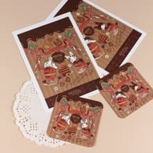 【2色セット】 ポストカードとステッカー　イチゴの季節シリーズ　ショコラバージョン たち耳たれ耳うさぎ　チョコレート イチゴのショートケーキ マカロン パフェ