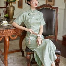 淺綠色 子衿 仿真絲提花開襟緞面旗袍 復古改良新中式國風洋裝