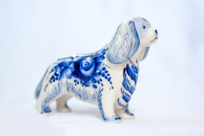 Cavalier King Charles spaniel dog porcelain statuette Gzhel blue