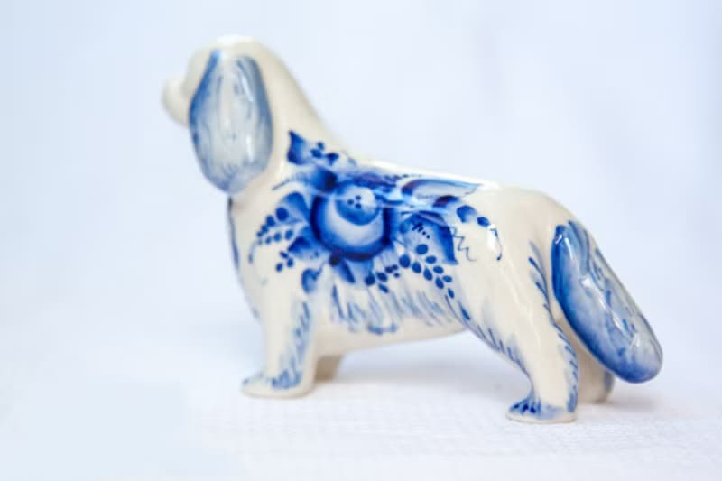 Cavalier King Charles spaniel dog porcelain statuette Gzhel blue