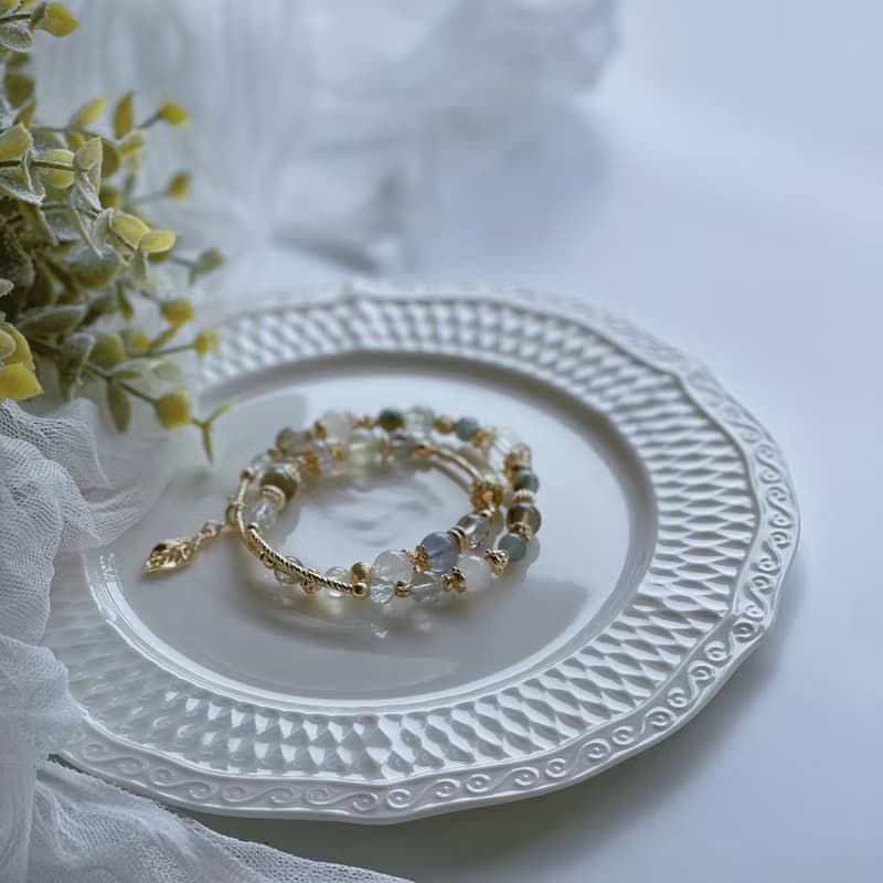 玉堂春丨白兔毛+綠幽靈丨貴人事業 療癒自信丨天然水晶雙圈手鍊