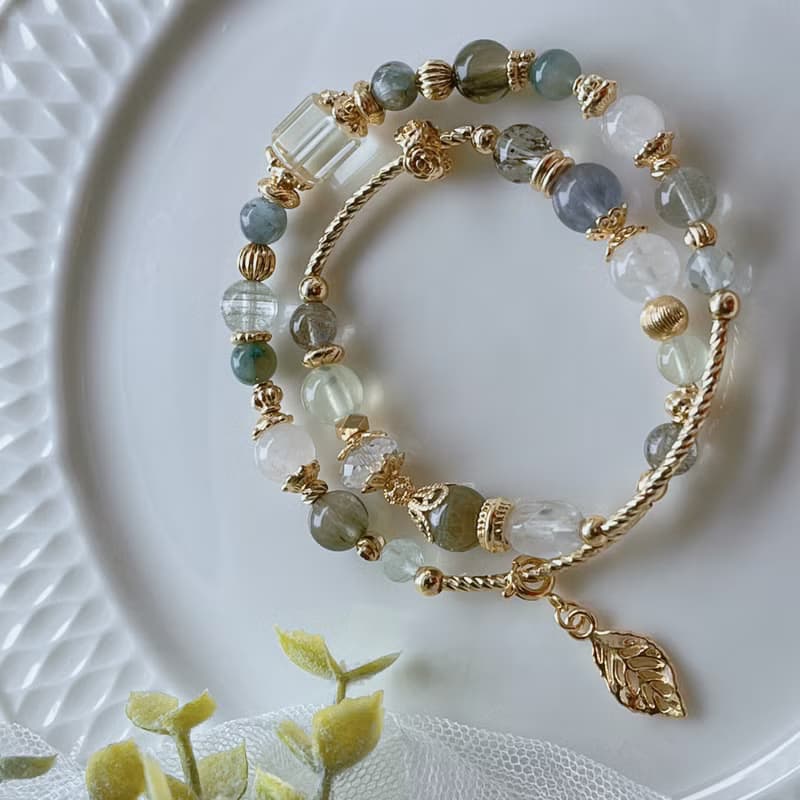 玉堂春丨白兔毛+綠幽靈丨貴人事業 療癒自信丨天然水晶雙圈手鍊