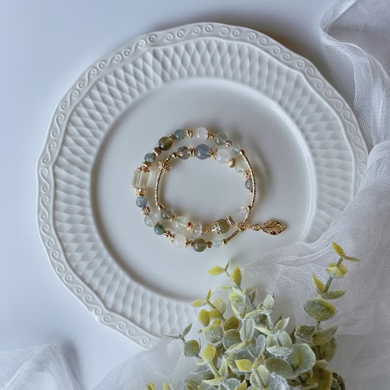 玉堂春丨白兔毛+綠幽靈丨貴人事業 療癒自信丨天然水晶雙圈手鍊