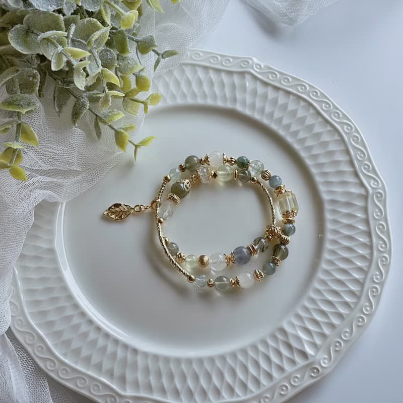玉堂春丨白兔毛+綠幽靈丨貴人事業 療癒自信丨天然水晶雙圈手鍊