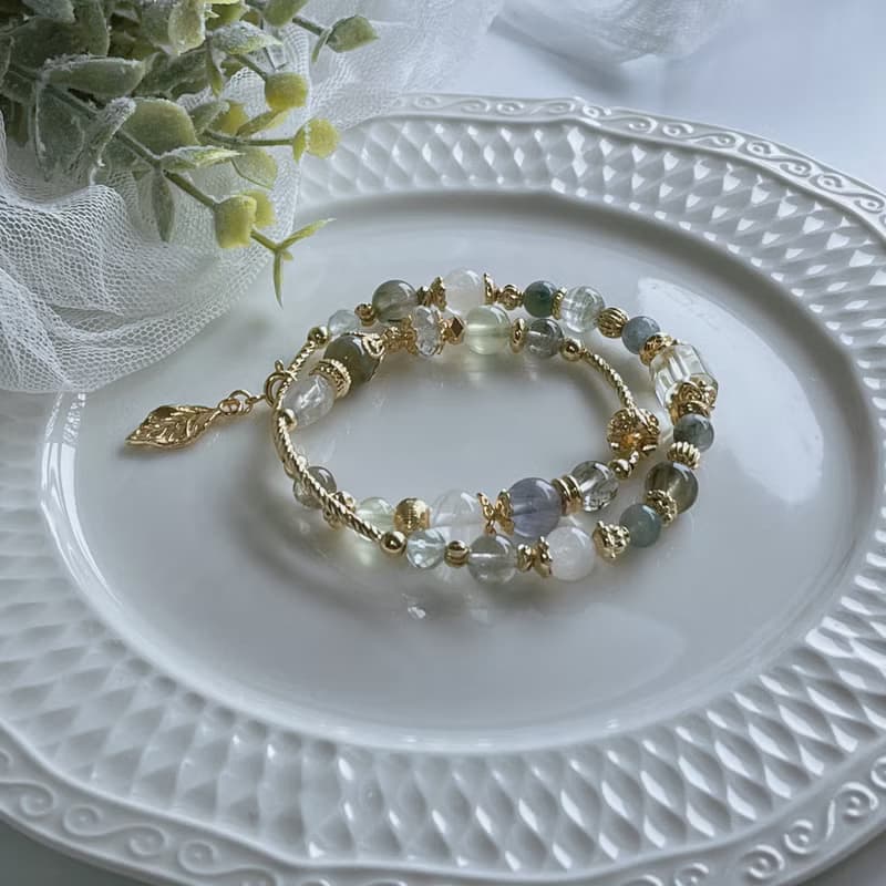玉堂春丨白兔毛+綠幽靈丨貴人事業 療癒自信丨天然水晶雙圈手鍊