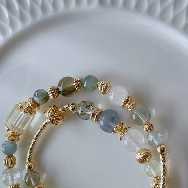 玉堂春丨白兔毛+綠幽靈丨貴人事業 療癒自信丨天然水晶雙圈手鍊
