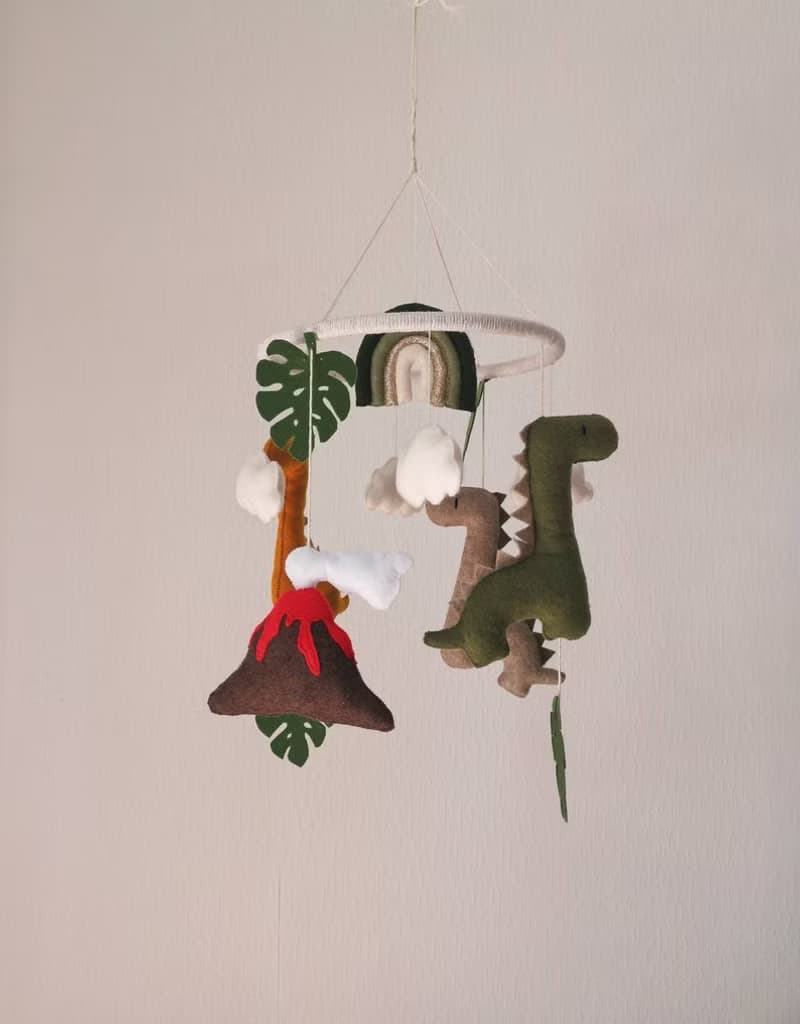 Dinosaur crib baby mobile with rainbow cloud star monstera. Baby shower gift ide