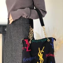 【 日本直送　名牌中古包 】Yves Saint Laurent イヴ・サンローラン トートバッグ ブラック YSL ナイロン 総柄  fniuvx