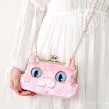 粉貓夫人 質感手工刺繡絨布口金包長夾 手機包 斜肩背 側背錢包