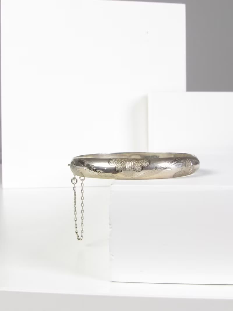 Vintage 925 Silver Floral Etched Sterling Silver Bangle Bracelet