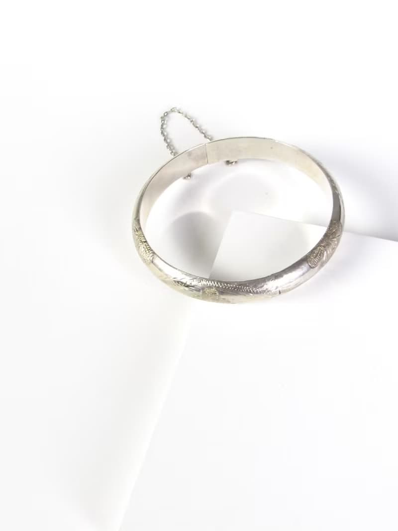 Vintage 925 Silver Floral Etched Sterling Silver Bangle Bracelet