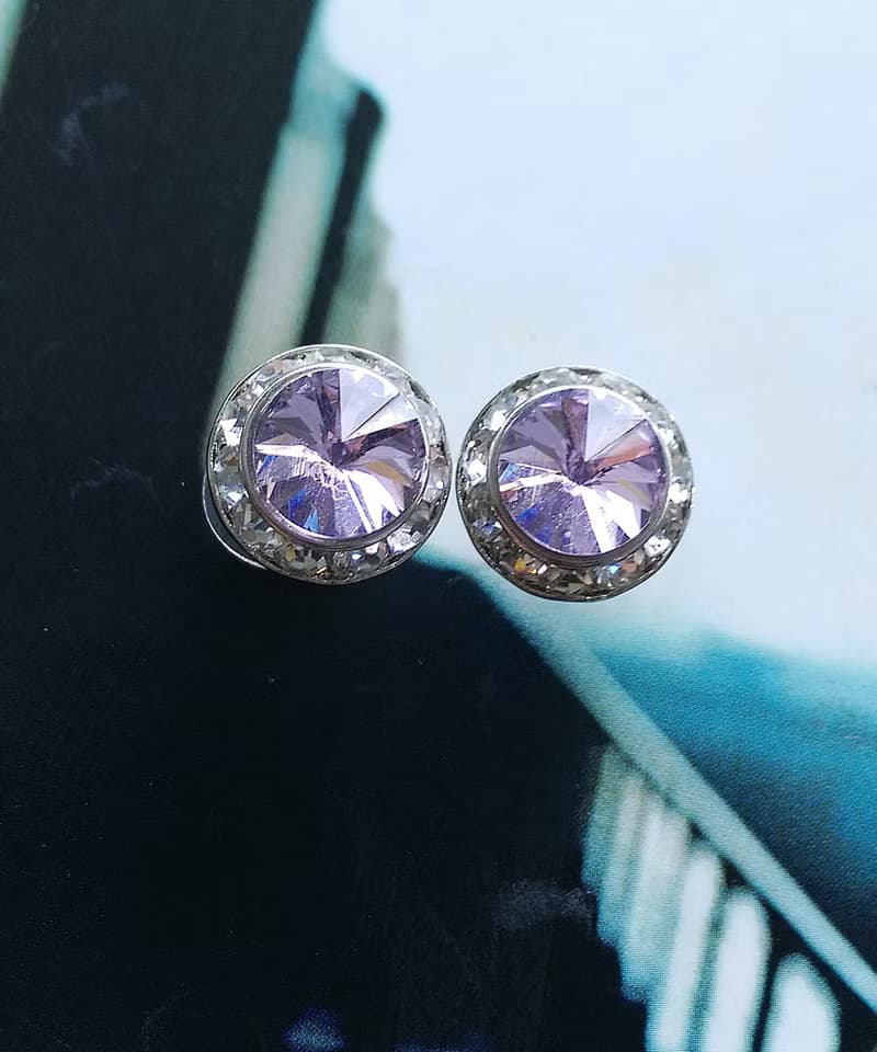 Vintage Jewelry 西洋古董飾品  粉紫 飛碟石 秀氣 針式耳環