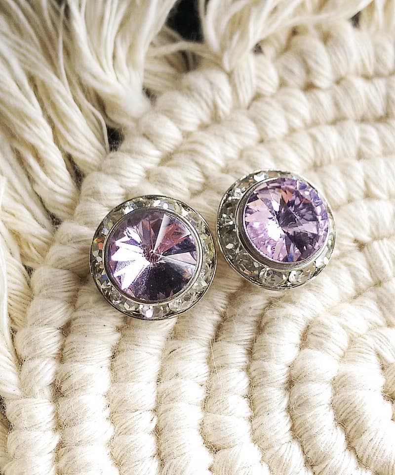 Vintage Jewelry 西洋古董飾品  粉紫 飛碟石 秀氣 針式耳環