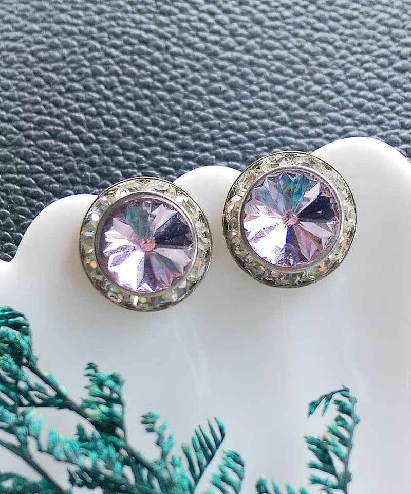 Vintage Jewelry 西洋古董飾品  粉紫 飛碟石 秀氣 針式耳環