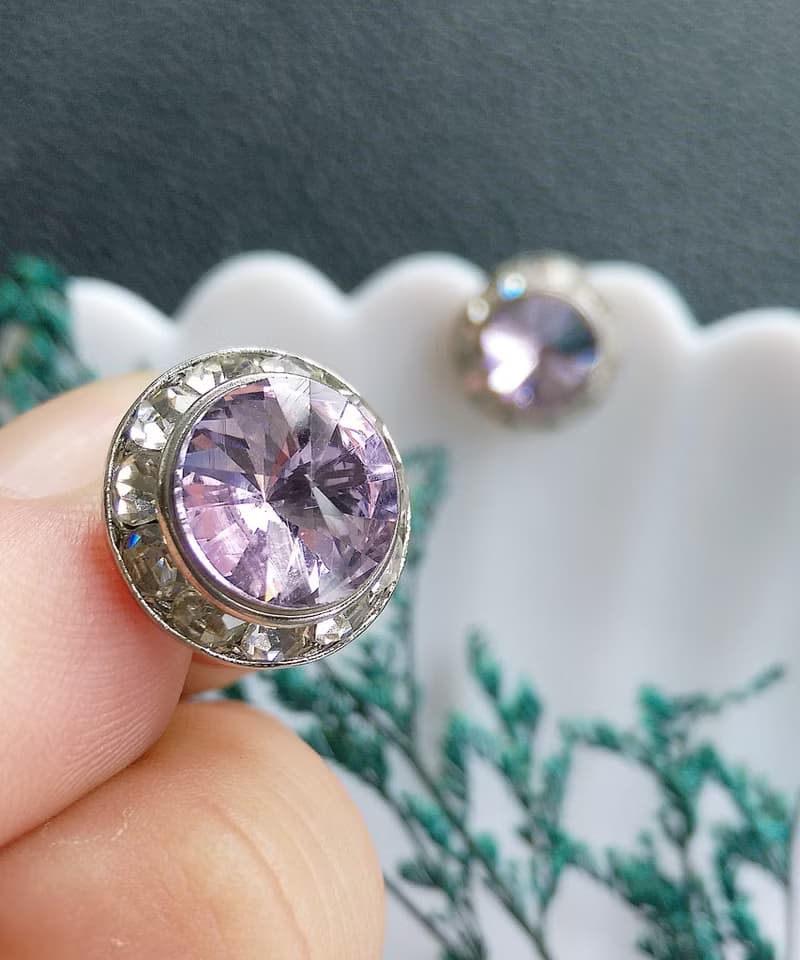 Vintage Jewelry 西洋古董飾品  粉紫 飛碟石 秀氣 針式耳環
