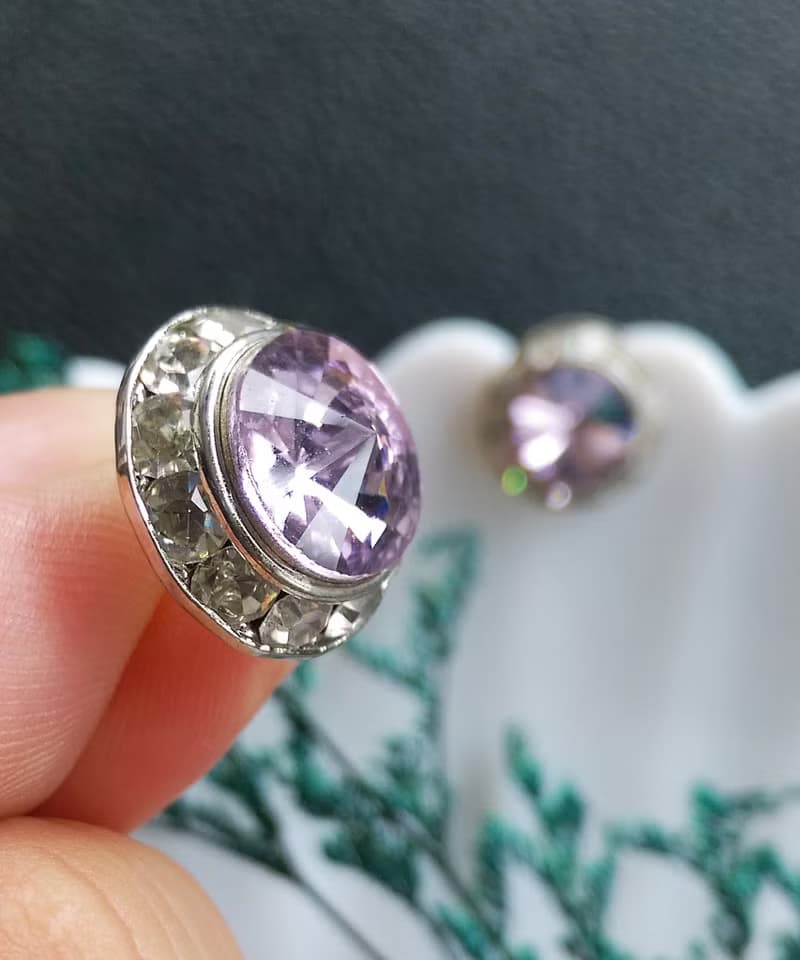 Vintage Jewelry 西洋古董飾品  粉紫 飛碟石 秀氣 針式耳環