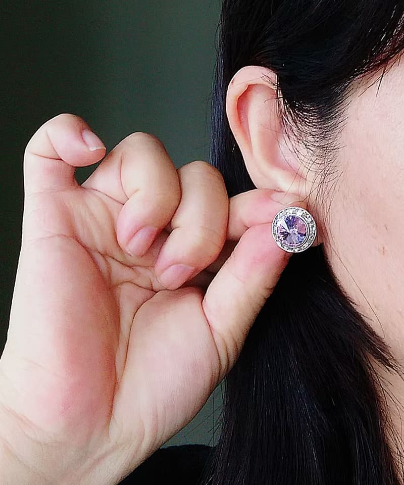 Vintage Jewelry 西洋古董飾品  粉紫 飛碟石 秀氣 針式耳環