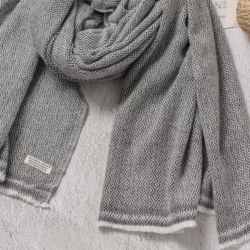 【厚款】喀什米爾羊毛圍巾/披肩  鑽石紋黑灰色 手工機織