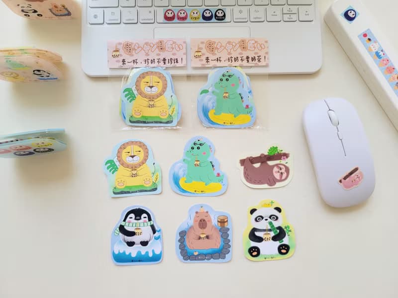 達磨動物珍珠奶茶 防水貼紙 行李箱貼紙