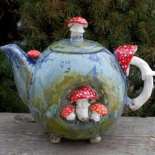 飛木耳藝術茶壺手工精美陶瓷茶壺蘑菇雕像明亮手繪童話茶壺收藏仙