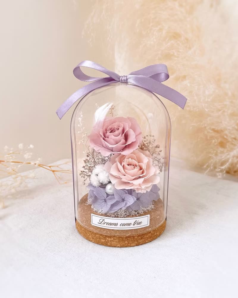 永生花玻璃盅-甜語粉紫 l 不凋花玻璃盅 日本玫瑰 乾燥花盅