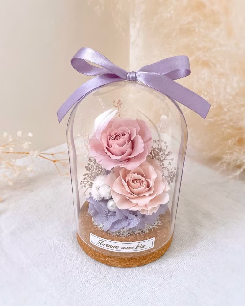 永生花玻璃盅-甜語粉紫 l 不凋花玻璃盅 日本玫瑰 乾燥花盅