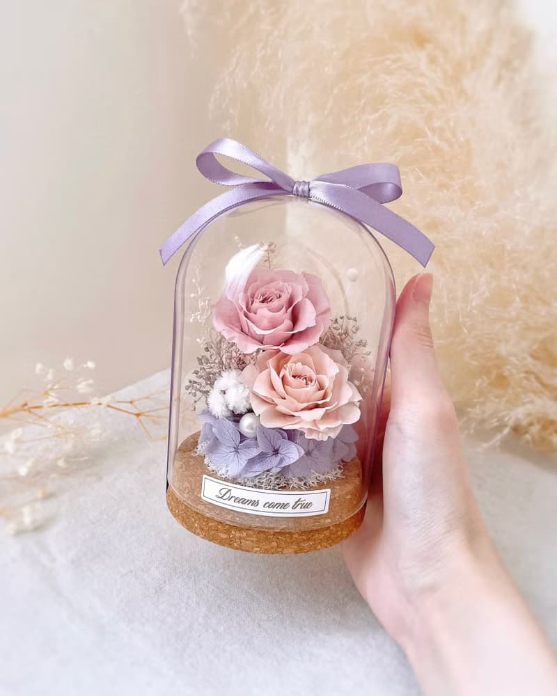 永生花玻璃盅-甜語粉紫 l 不凋花玻璃盅 日本玫瑰 乾燥花盅