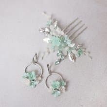 White mint flower jewelry set, Wedding hair comb, Bridal earrings, 薄荷色婚禮首飾、髮夾和耳環