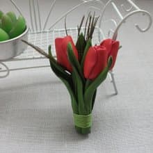 Small brooch made of genuine leather with a bouquet of coral tulips