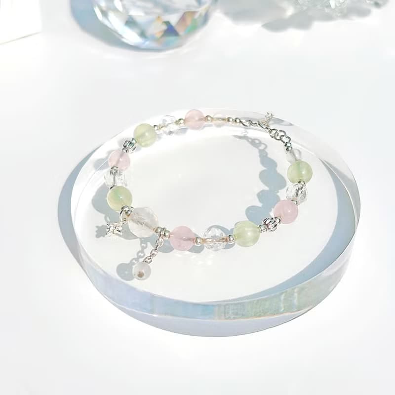 月光石粉晶葡萄石白水晶 S925純銀手環 | 愛情、桃花運、人緣運