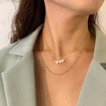 設計一字造型天然珍珠雙層珠鍊鎖骨鏈短項鍊