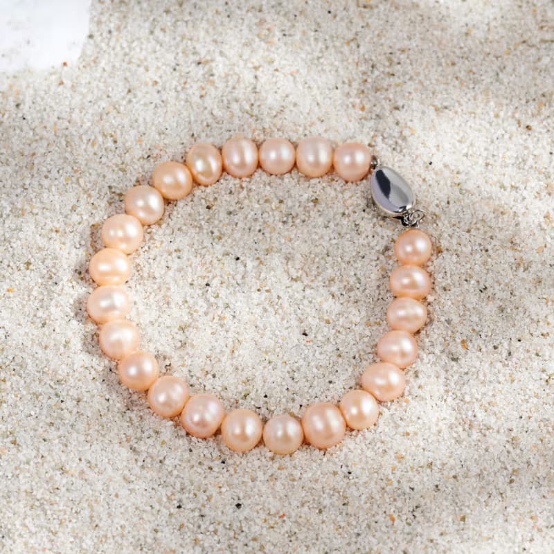 天然粉色淡水珍珠手鍊 銀色元寶扣 8-9mm   簡約時尚 情人節禮物