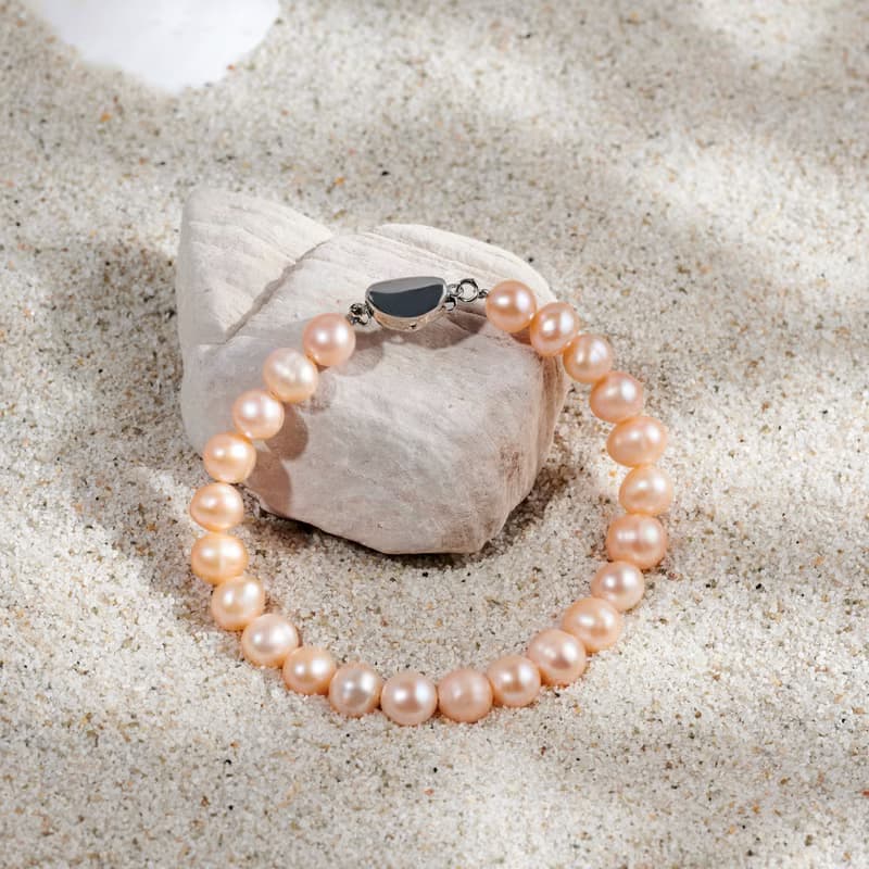 天然粉色淡水珍珠手鍊 銀色元寶扣 8-9mm   簡約時尚 情人節禮物