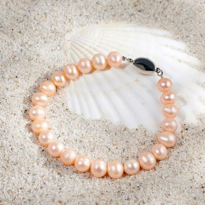 天然粉色淡水珍珠手鍊 銀色元寶扣 8-9mm   簡約時尚 情人節禮物