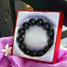 Rare black jade bracelet, solid round beads, natural Burmese jade Type A, size 14.7-14.8 mm.