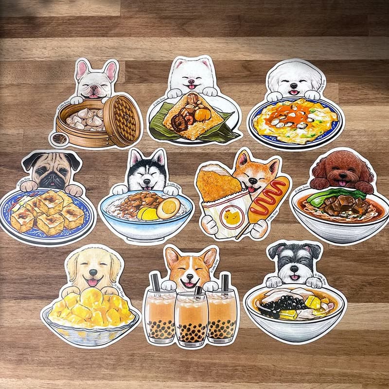 狗狗插畫貼紙_狗狗與台灣美食10入/防水大貼紙/現貨/台灣製造