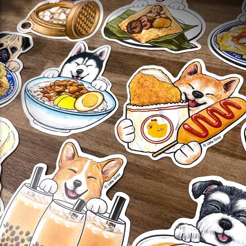 狗狗插畫貼紙_狗狗與台灣美食10入/防水大貼紙/現貨/台灣製造