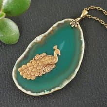 Green Agate Slice Slab Brass Peacock Dark Green Stone Pendant Necklace Jewelry