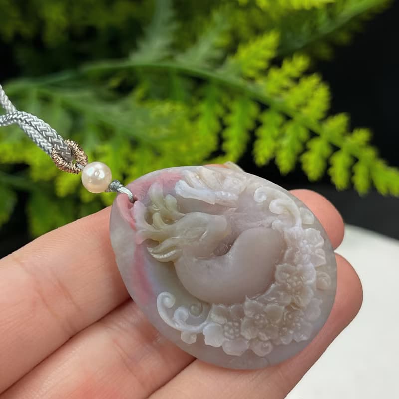 高品質鹽源瑪瑙吊墜項錬粉紫啞光手雕一鹿生花富貴吉祥福祿同壽
