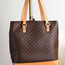 【 日本直送　名牌中古包 】CELINE セリーヌ マカダム ショルダーバッグ ブラウン PVC レザー トートバッグ vintage  オールド tpbd2h