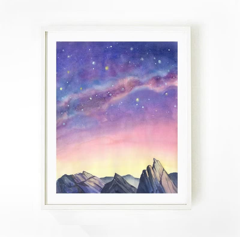 北歐風居家海報-夜晚星空-水彩畫-海報-臥室裝飾畫-民宿-風景