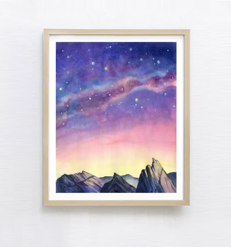 北歐風居家海報-夜晚星空-水彩畫-海報-臥室裝飾畫-民宿-風景