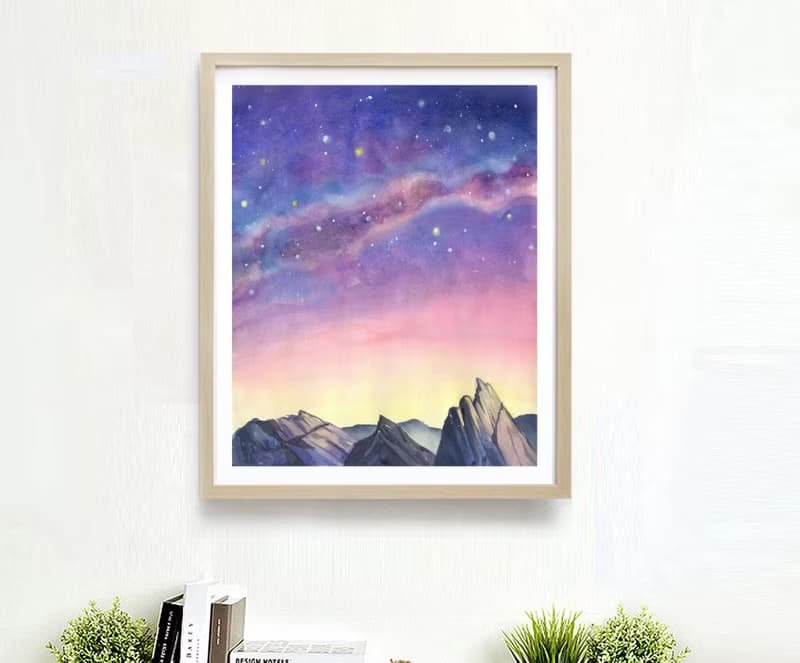 北歐風居家海報-夜晚星空-水彩畫-海報-臥室裝飾畫-民宿-風景
