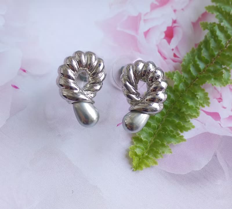 Vintage Jewelry 西洋古董飾品 銀色調 氣質 對稱 仿珠 針式耳環