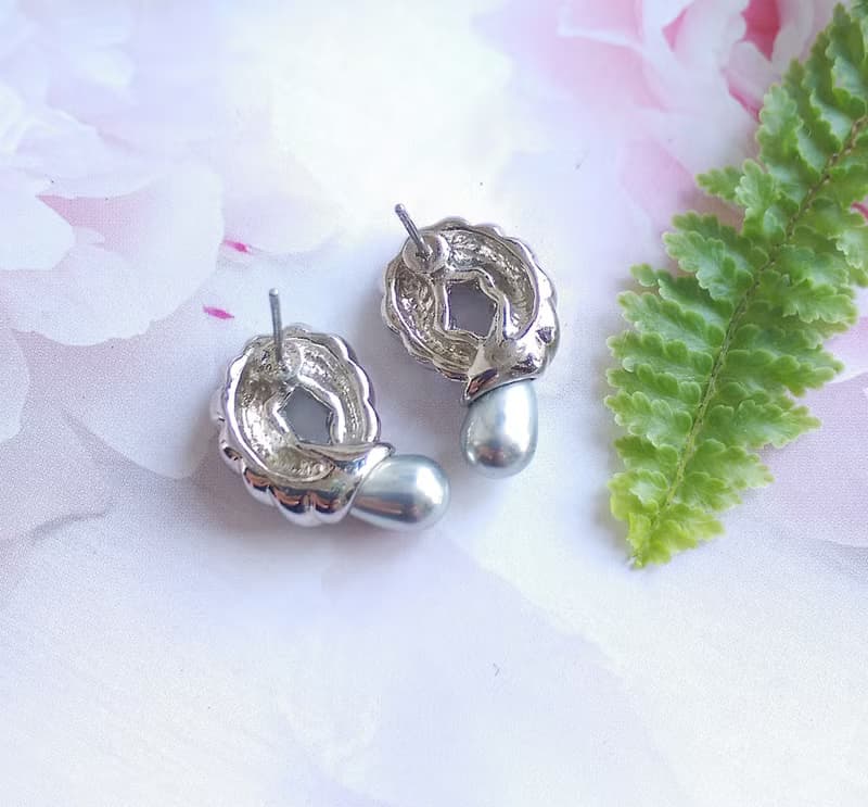 Vintage Jewelry 西洋古董飾品 銀色調 氣質 對稱 仿珠 針式耳環