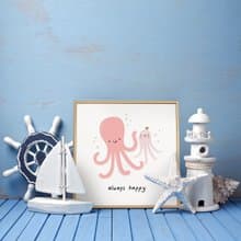願你永遠快樂-可愛章魚親子掛畫/療癒兒童房佈置/嫩粉色/插畫