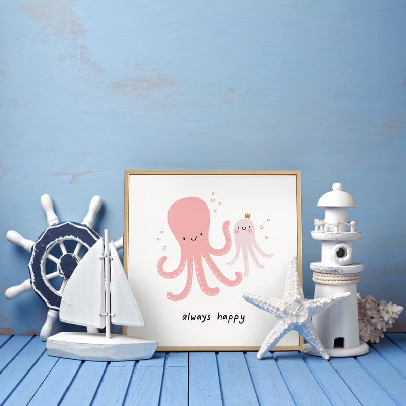 願你永遠快樂-可愛章魚親子掛畫/療癒兒童房佈置/嫩粉色/插畫
