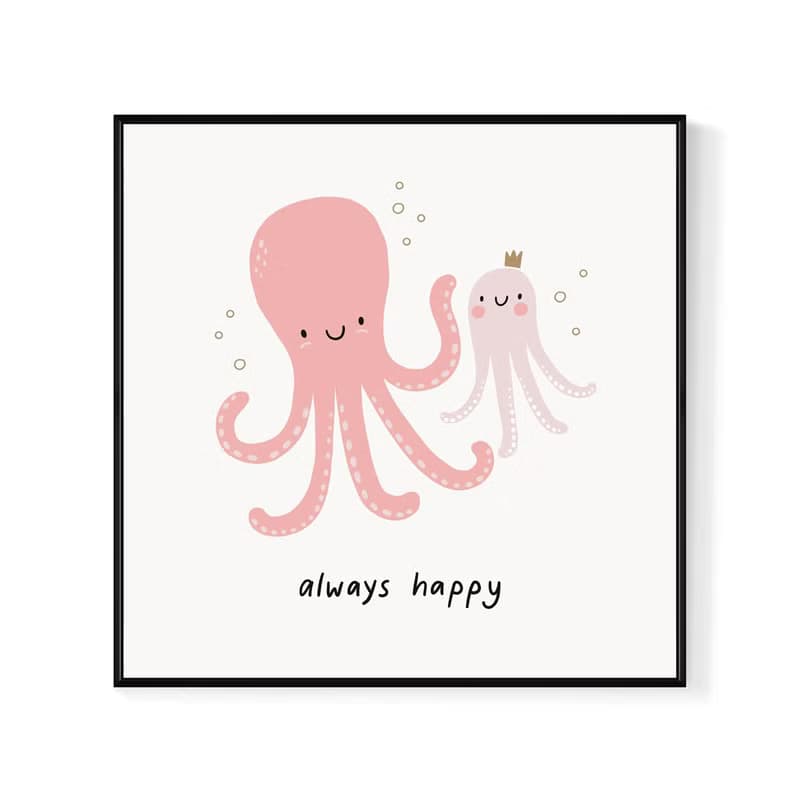 願你永遠快樂-可愛章魚親子掛畫/療癒兒童房佈置/嫩粉色/插畫
